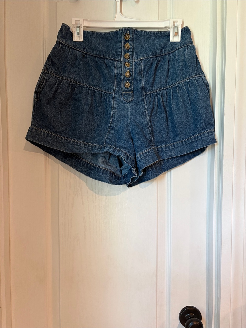 High-Rise Dark Blue Denim Button-Front Shorts